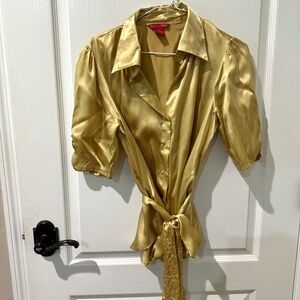 Sunny Leigh Gold Silk Button Down Blouse With Tie Waist NWOT
